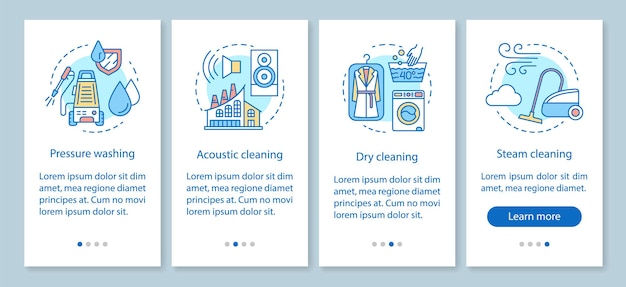 Métodos de limpieza que incorporan la pantalla de la página de la aplicación móvil, conceptos lineales. Lavado a presión. Limpieza en seco con vapor. Instrucciones gráficas de cuatro pasos de tutorial. UX, UI, plantilla de vector de GUI con ilustraciones