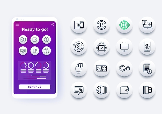 Métodos de pago, banca por internet, conjunto de iconos de línea de transferencia de dinero en línea y maqueta de teléfono inteligente