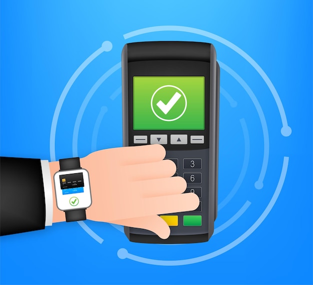 Métodos de pago sin contacto Reloj inteligente móvil y terminal POS inalámbrico de estilo realista. Ilustración de stock vectorial.