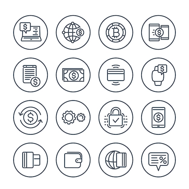 Métodos de pago e iconos de banca por Internet en blanco en estilo lineal
