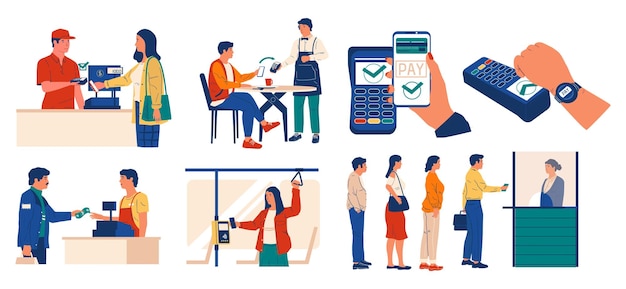 Métodos de pago Personas que pagan con efectivo y teléfonos inteligentes o relojes inteligentes en supermercados y transporte público de la ciudad Hombres y mujeres dan dinero para compras y servicios conjunto de vectores