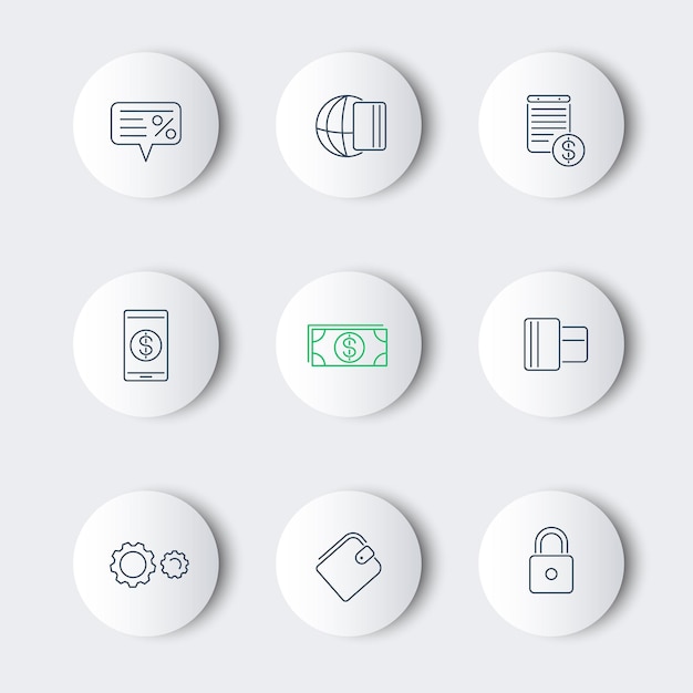 Métodos de pago, tipos de línea redonda iconos modernos