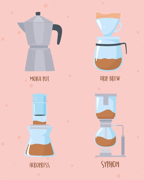 Métodos de preparación de café, colección moka pot drip brew aeropress e ilustración de sifón