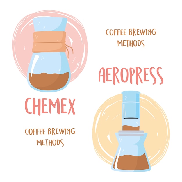 Métodos de preparación de café, ilustración de procesos chemex y aeropress.