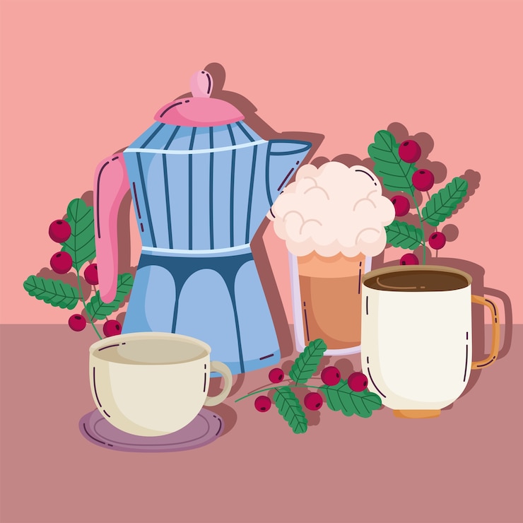 Vector métodos de preparación de café, moka pot frappe y tazas.