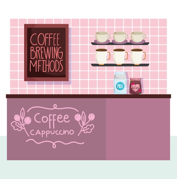 Vector métodos de preparación de café, mostrador con paquete de leche, tazas de café y tablero