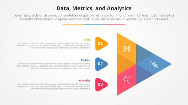 Métricas de datos y análisis concepto infográfico para presentación de diapositivas con forma de flecha de venn creativa con lista de 3 puntos con estilo plano