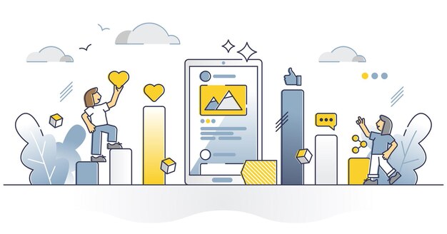 Métricas de redes sociales como concepto de esquema de monitoreo de tablero de contenido en línea. Publicar ilustración vectorial de seguimiento de actividad de popularidad, compromiso y seguidores. Análisis del éxito de la campaña publicitaria.