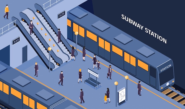 Metro composición isométrica de la estación de metro subterráneo con pasajeros que descienden escaleras mecánicas subiendo al tren esperando en la ilustración de la plataforma