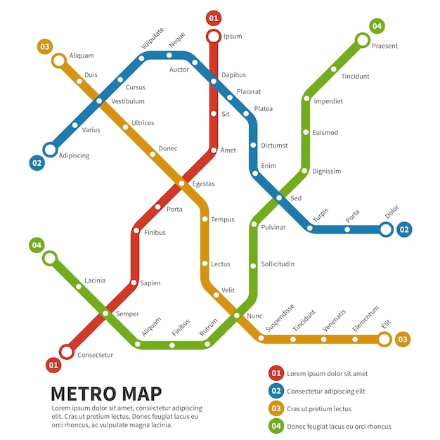 Metro, mapa del vector del metro. Plantilla de esquema de transporte de la ciudad. Esquema de mapa subterráneo, metro, camino del metro, transporte, ferrocarril, metro, ilustración