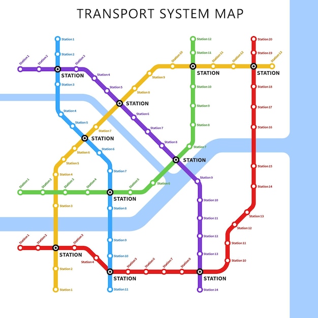 Vector metro metro subterráneo y transporte de autobuses mapa de la ciudad con estaciones vector esquema de líneas urbanas de pasajeros plan de metro o metro con rutas de tránsito de trenes ferroviarios red de transporte público