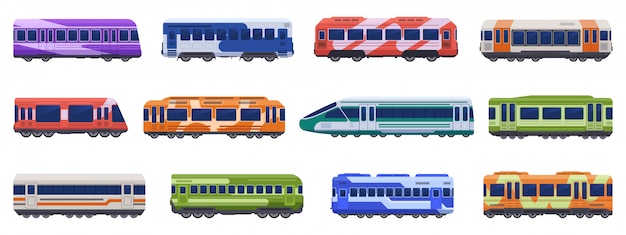 Metro trenes de pasajeros. Trenes de alta velocidad, metro terrestre, transporte subterráneo. Conjunto de iconos de ilustración de vehículos de transporte de pasajeros. Metro público van, tranvía metro, ferrocarril eléctrico urbano