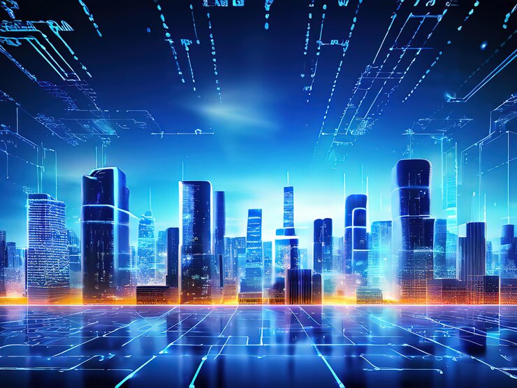 Vector metrópolis virtual con líneas brillantes y torres de alta tecnología