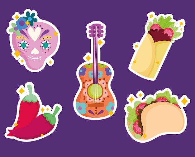 México calavera de azúcar guitarra y cultura alimentaria iconos tradicionales pegatina ilustración