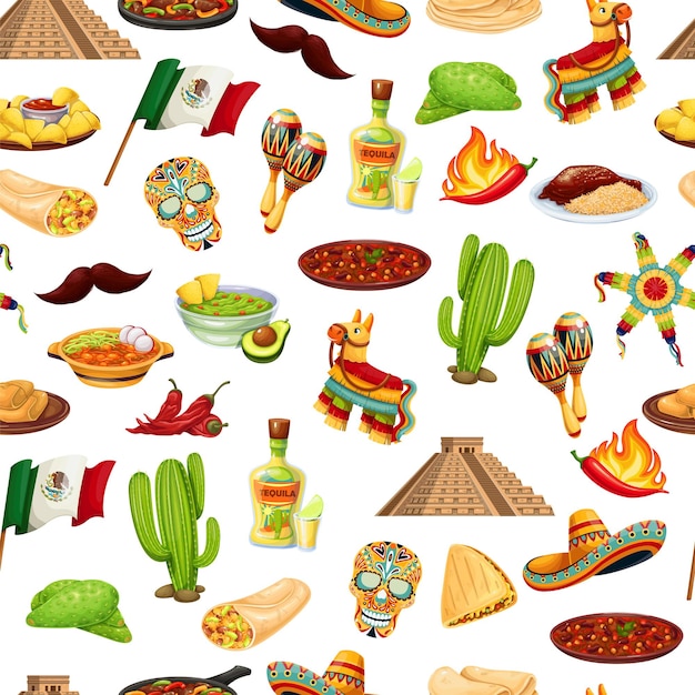 México carnaval cinco de mayo de patrones sin fisuras, ilustración vectorial. fondo con cocina mexicana, comida de fiesta tradicional. piñata, burrito, fajitas, cactus, sombrero, bandera y ets