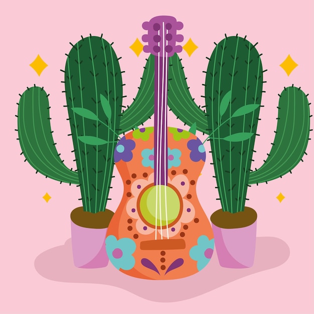 México guitarra y cactus en macetas cultura tradicional ilustración