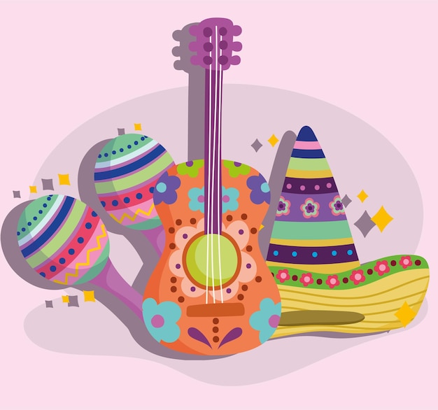 Vector méxico guitarra maraca y sombrero fiesta cultura tradicional ilustración