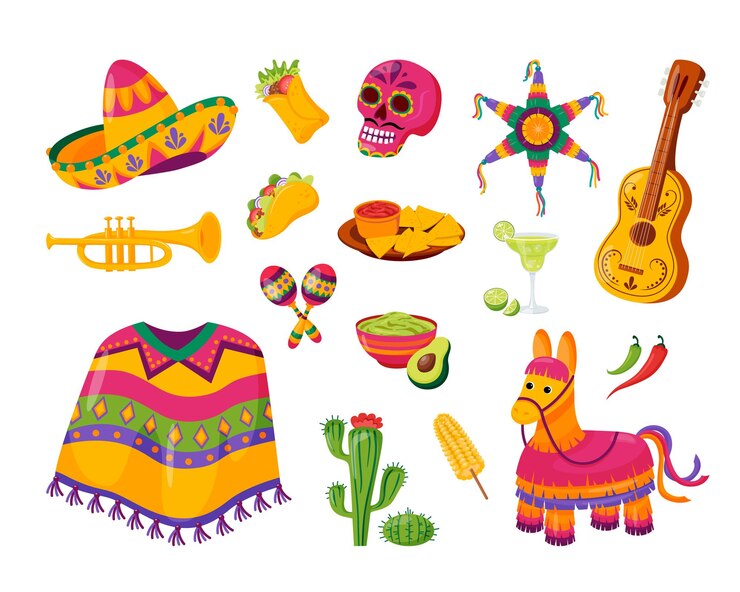 Vector méxico iconos carnaval vacaciones fiesta festival símbolos y viajes diseño comida mexicana