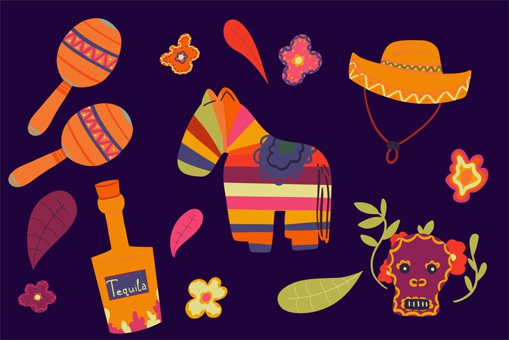 Vector méxico puso iconos dibujados a mano sombrero flores y tequila
