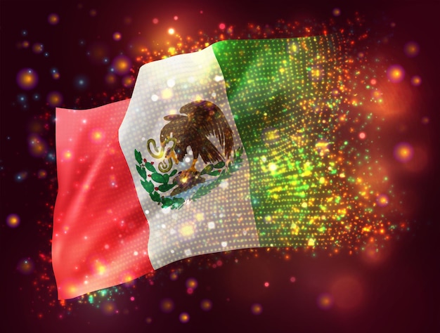 México, vector bandera 3d sobre fondo rosa púrpura con iluminación y bengalas