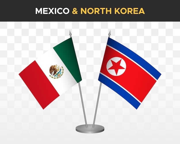 México vs Corea del Norte DPR escritorio banderas maqueta aislado 3d vector ilustración bandera de mesa mexicana