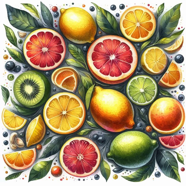 Vector una mezcla fresca y colorida de cítricos con limones pomelos limas como una naturaleza muerta