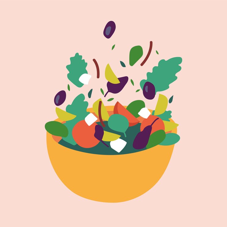 Mezcla de ilustración vectorial de hojas de ensalada. Rúcula, espinacas, hojas de lechuga, berros y achicoria con queso griego y verduras.