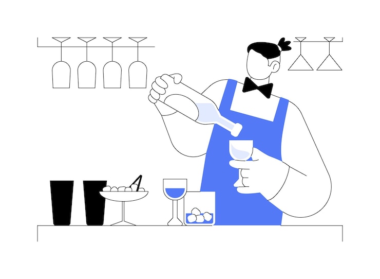 Vector mezcla de ingredientes de cócteles ilustración vectorial de concepto abstracto el camarero agrega ingredientes al agitador de cóctels negocio de restaurantes industria horeca proceso de mezcla metáfora abstracta