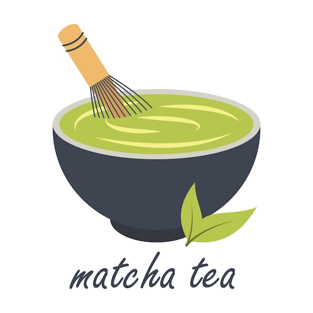 Mezcla de té matcha con un batidor Ilustración vectorial