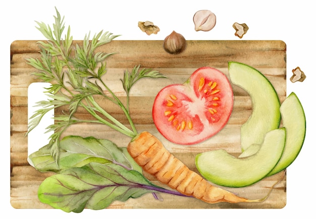 Mezcla de verduras y hierbas de acuarela dibujada a mano para dieta y estilo de vida saludable ensalada cocina vegana Composición de ilustración aislada en fondo blanco Diseño para cartel de impresión de sitio web menú de tarjeta