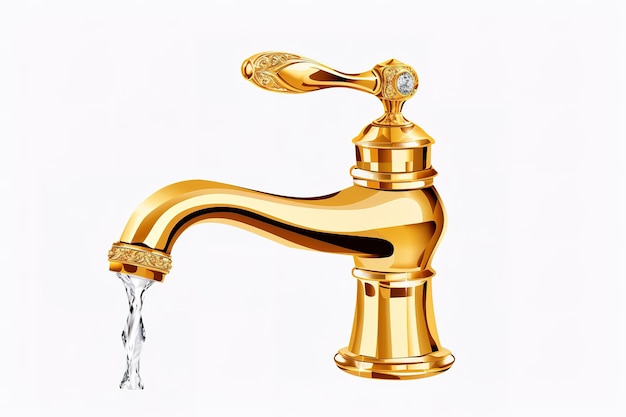 Vector mezclador de agua fría y caliente grifo moderno baño dorado fondo blanco aislado