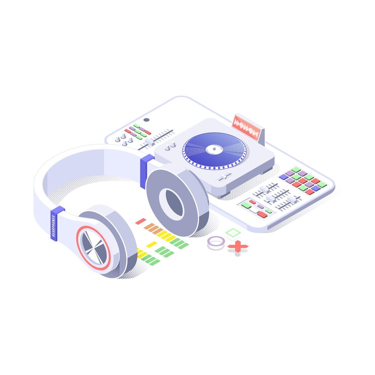 Vector mezclador de dj para teléfonos inteligentes ilustración isométrica