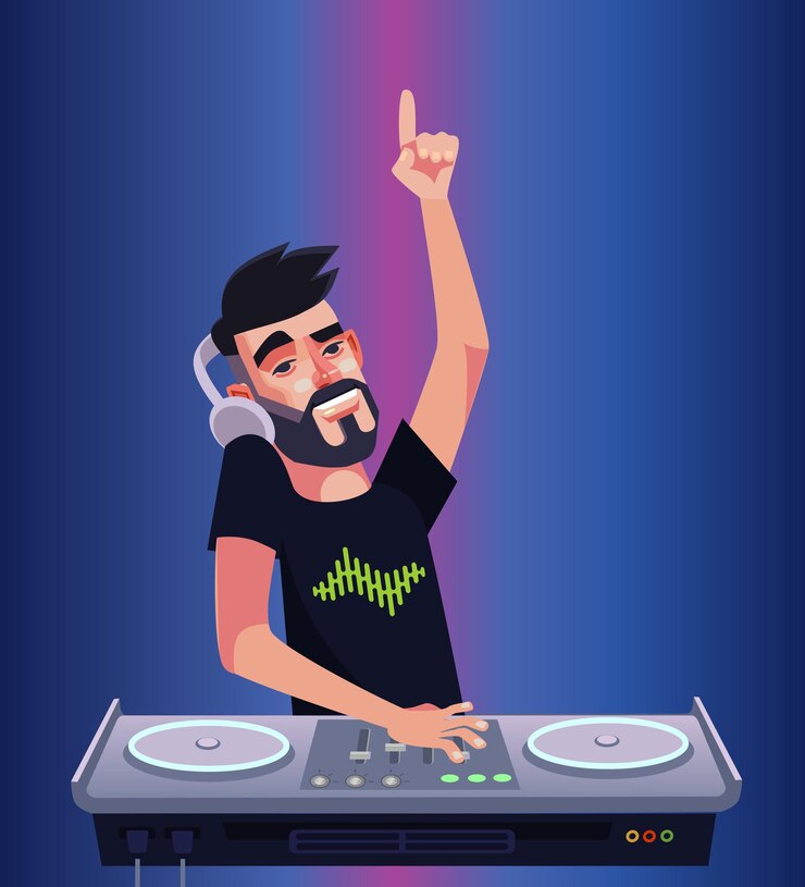 Vector mezclador de personajes dj boy man haciendo música y divirtiéndose. discoteca club nocturno aislado ilustración de dibujos animados