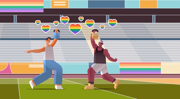 Mezclar los amantes de los chicos de raza haciendo ejercicios físicos con pesas en el estadio Los gays aman el desfile transgénero LGBT concepto horizontal ilustración vectorial de longitud completa