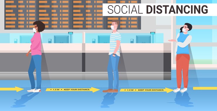 Vector mezclar la carrera de pasajeros manteniendo la distancia para evitar el coronavirus concepto de distanciamiento social terminal del aeropuerto interior horizontal