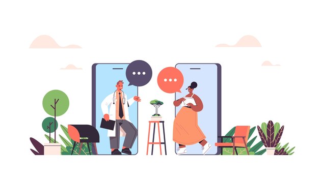 mezclar médicos de carrera en la pantalla del teléfono inteligente discutiendo durante la videollamada chat burbuja comunicación consulta en línea medicina sanitaria asesoramiento médico