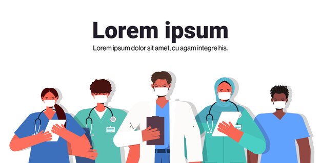 Mezclar a médicos de carrera en uniforme con máscaras para prevenir el concepto de pandemia de coronavirus equipo de trabajadores médicos de pie juntos retrato horizontal copia espacio ilustración vectorial