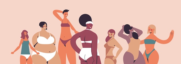 Mezclar mujeres de raza de diferente altura, tipo de figura y tamaño de pie juntas, aman su concepto de cuerpo, niñas en trajes de baño, retrato, ilustración vectorial