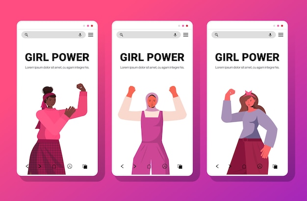 Mezclar las mujeres de raza sosteniendo las manos levantadas movimiento de empoderamiento femenino poder femenino unión de feministas concepto pantallas de teléfonos inteligentes colección espacio de copia ilustración vectorial horizontal