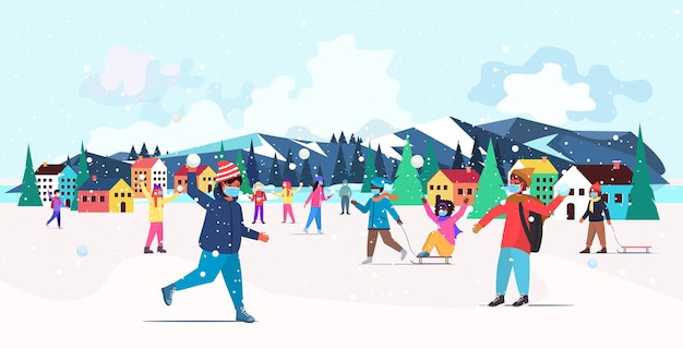mezclar niños de raza en máscaras divirtiéndose en invierno al aire libre ocio y actividades concepto de cuarentena de coronavirus nevadas paisaje fondo ilustración horizontal
