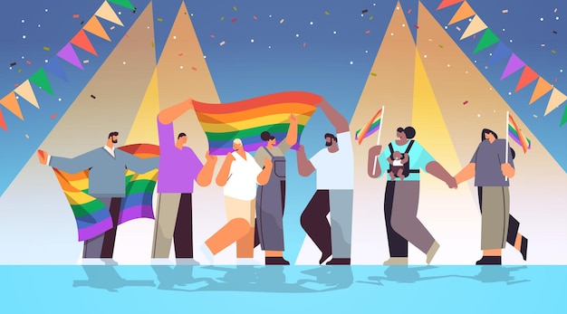 Mezclar personas de raza celebrando el festival del orgullo gay lésbico amor transgénero comunidad lgbt concepto horizontal ilustración vectorial de longitud completa