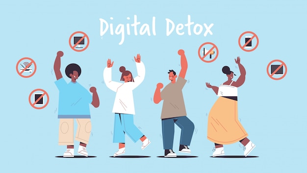 Mezclar personas de raza divirtiéndose con gadgets en señales de prohibición concepto de actividades fuera de línea de desintoxicación digital