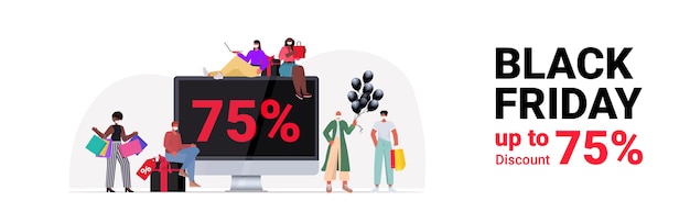 mezclar personas de raza en máscaras con bolsas de compras cerca del monitor de la computadora comprando ropa viernes negro gran venta coronavirus concepto de cuarentena ilustración vectorial horizontal de longitud completa