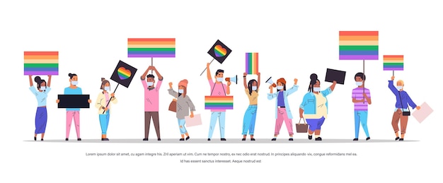 Mezclar personas de raza en máscaras con pancartas lgbt en el festival del orgullo gay lésbico amor transgénero concepto de comunidad lgbt horizontal ilustración vectorial aislada de longitud completa