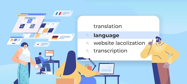 Mezclar personas de raza que eligen el idioma en la barra de búsqueda en la transcripción de la pantalla virtual concepto de redes de Internet ilustración vertical horizontal