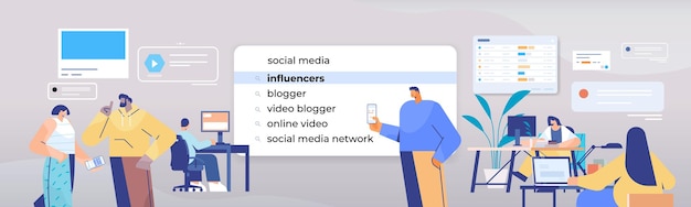 Mezclar personas de raza que eligen influencers en la barra de búsqueda en la pantalla virtual concepto de redes de Internet ilustración vertical horizontal