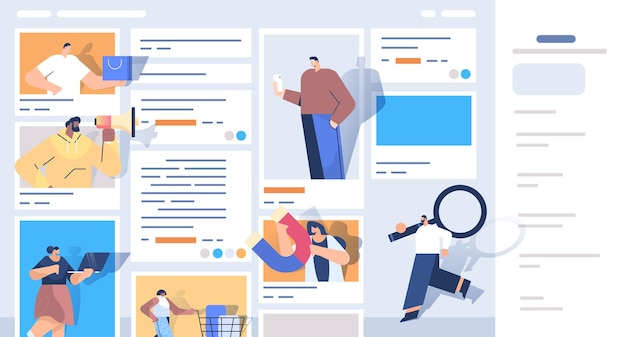 Mezclar personas de raza en las ventanas del navegador web utilizando aplicaciones informáticas concepto de marketing digital ilustración vectorial horizontal