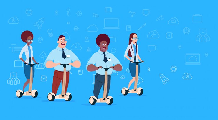 Vector mezclar raza equipo de negocios montando icono de sincronización de internet de nube de datos gyroscooter. ilustración de vector de concepto de equipo de éxito