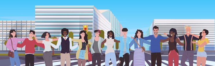Vector mezclar, raza, gente, posición, juntos, hombres, mujeres, abrazar, paisaje urbano, plano de fondo, retrato, plano, horizontal