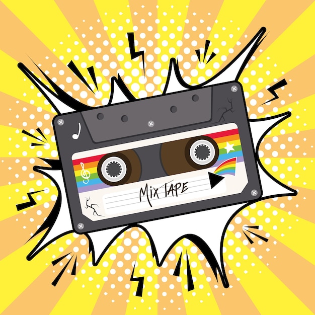 Mezcle el cassette retro de la cinta en el diseño de la burbuja de la explosión, la vendimia de la música y la ilustración del vector del tema del audio